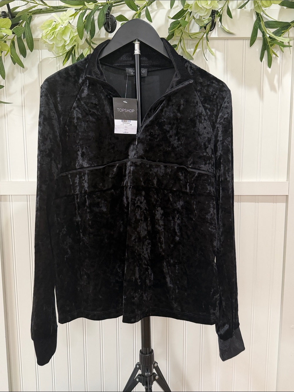 NWT! #1004 TOPSHOP Black Crushed Velvet Half-Zip Mock-neck Pullover